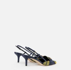 Décolleté|Elisabetta Franchi Slingback in pelle e tartan di lana Navy/Mimosa