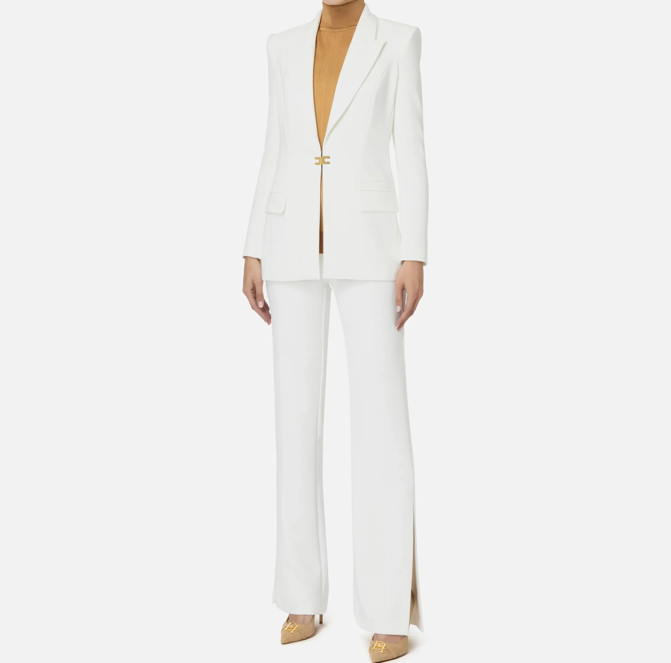 Tailleur|Elisabetta Franchi Tailleur in doppio crêpe stretch con giacca dritta e pantalone a palazzo Avorio