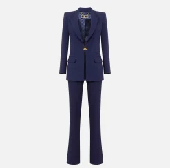 Tailleur|Elisabetta Franchi Tailleur in doppio crêpe stretch con giacca dritta e pantalone a palazzo Navy