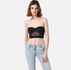 Top, T-Shirt & Body|Elisabetta Franchi Top a balconcino in crêpe e tulle con elastico Nero