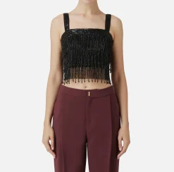 Top, T-Shirt & Body|Elisabetta Franchi Top a fascia in crêpe ricamato con paillettes Nero