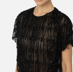 Top, T-Shirt & Body|Elisabetta Franchi Top boxy in tulle ricamato con paillettes Nero