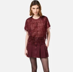 Top, T-Shirt & Body|Elisabetta Franchi Top boxy in tulle ricamato con paillettes RougeNoir
