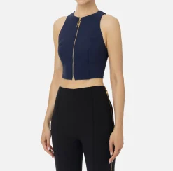 Top, T-Shirt & Body|Elisabetta Franchi Top cropped in doppio crêpe con zip Navy