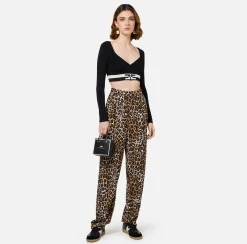 Maglieria E Felpe|Elisabetta Franchi Top cropped in viscosa con bande logo Nero/Burro