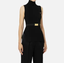 Maglieria E Felpe|Elisabetta Franchi Top dolcevita in lyocell e seta a costine con ricamo logo Nero