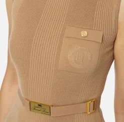 Maglieria E Felpe|Elisabetta Franchi Top dolcevita in lyocell e seta a costine con ricamo logo Camel