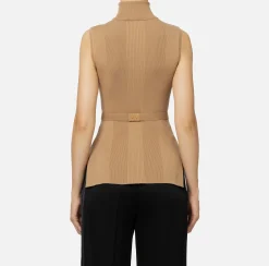 Maglieria E Felpe|Elisabetta Franchi Top dolcevita in lyocell e seta a costine con ricamo logo Camel