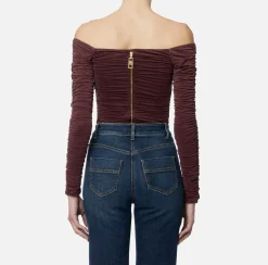Top, T-Shirt & Body|Elisabetta Franchi Top in jersey cupro drappeggiato RougeNoir
