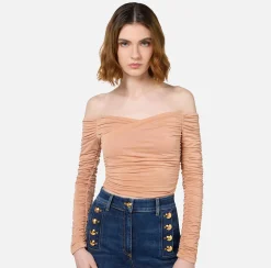 Top, T-Shirt & Body|Elisabetta Franchi Top in jersey cupro drappeggiato PeachRose