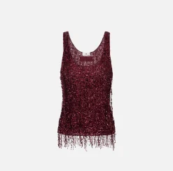 Top, T-Shirt & Body|Elisabetta Franchi Top in tulle ricamato con frange di paillettes RougeNoir
