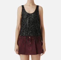 Top, T-Shirt & Body|Elisabetta Franchi Top in tulle ricamato con frange di paillettes Nero