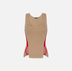 Top, T-Shirt & Body|Elisabetta Franchi Top in viscosa con bande logate Camel/RedPassion