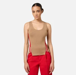 Top, T-Shirt & Body|Elisabetta Franchi Top in viscosa con bande logate Camel/RedPassion