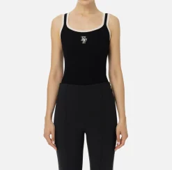 Top, T-Shirt & Body|Elisabetta Franchi Top in viscosa con logo college Nero/Burro