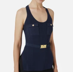 Top, T-Shirt & Body|Elisabetta Franchi Top in viscosa e seta a costine con ricamo logo Navy