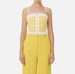 Top, T-Shirt & Body|Elisabetta Franchi Top logo in misto viscosa jacquard Mimosa/Avorio