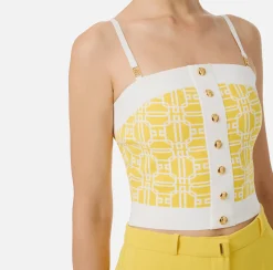 Top, T-Shirt & Body|Elisabetta Franchi Top logo in misto viscosa jacquard Mimosa/Avorio