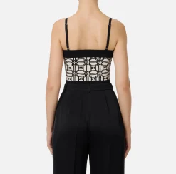 Top, T-Shirt & Body|Elisabetta Franchi Top logo in misto viscosa jacquard Burro/Nero