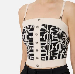 Top, T-Shirt & Body|Elisabetta Franchi Top logo in misto viscosa jacquard Nero/Burro