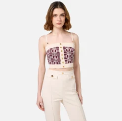 Top, T-Shirt & Body|Elisabetta Franchi Top logo in misto viscosa jacquard RougeNoir/Burro