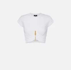 Top, T-Shirt & Body|Elisabetta Franchi T-shirt cropped in jersey con zip Gesso
