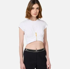 Top, T-Shirt & Body|Elisabetta Franchi T-shirt cropped in jersey con zip Gesso