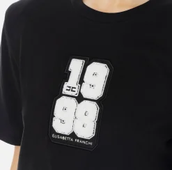 Top, T-Shirt & Body|Elisabetta Franchi T-shirt in cotone con patch logo stile college Nero