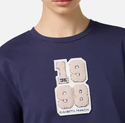 Top, T-Shirt & Body|Elisabetta Franchi T-shirt in cotone con patch logo stile college Navy
