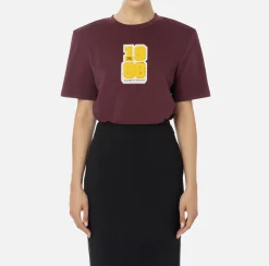 Top, T-Shirt & Body|Elisabetta Franchi T-shirt in cotone con patch logo stile college RougeNoir