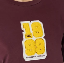 Top, T-Shirt & Body|Elisabetta Franchi T-shirt in cotone con patch logo stile college RougeNoir