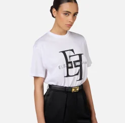Top, T-Shirt & Body|Elisabetta Franchi T-shirt in jersey con maxi logo Gesso/Nero