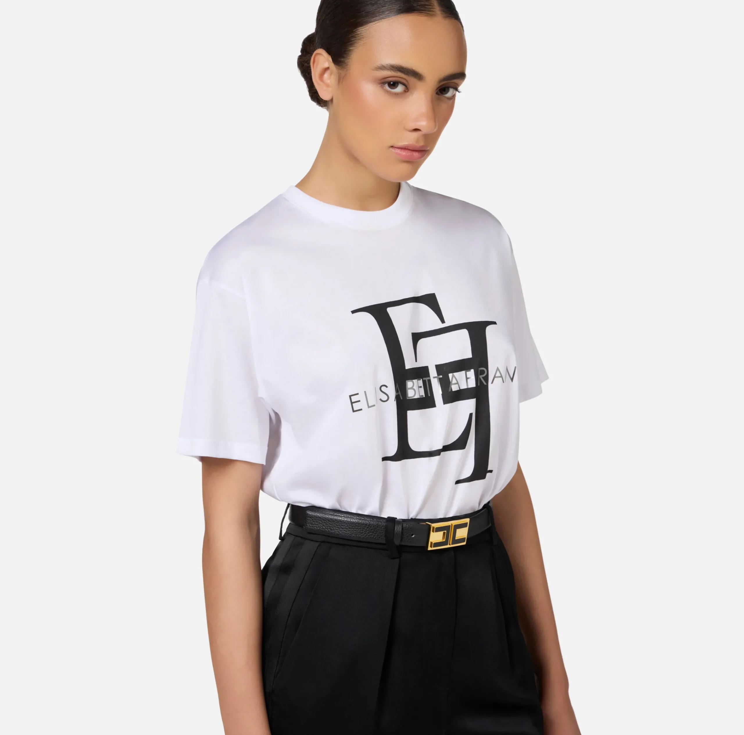 Top, T-Shirt & Body|Elisabetta Franchi T-shirt in jersey con maxi logo Gesso/Nero