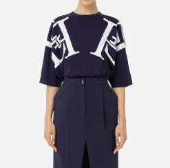 Top, T-Shirt & Body|Elisabetta Franchi T-shirt in jersey con maxi logo sulle maniche Navy