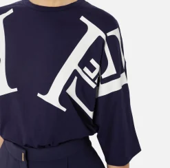 Top, T-Shirt & Body|Elisabetta Franchi T-shirt in jersey con maxi logo sulle maniche Navy