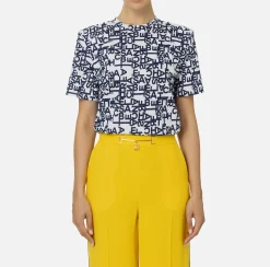 Top, T-Shirt & Body|Elisabetta Franchi T-shirt in jersey lettering piccolo Gesso/Navy