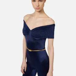 Tute|Elisabetta Franchi Tuta bustier in lycra con cintura Navy
