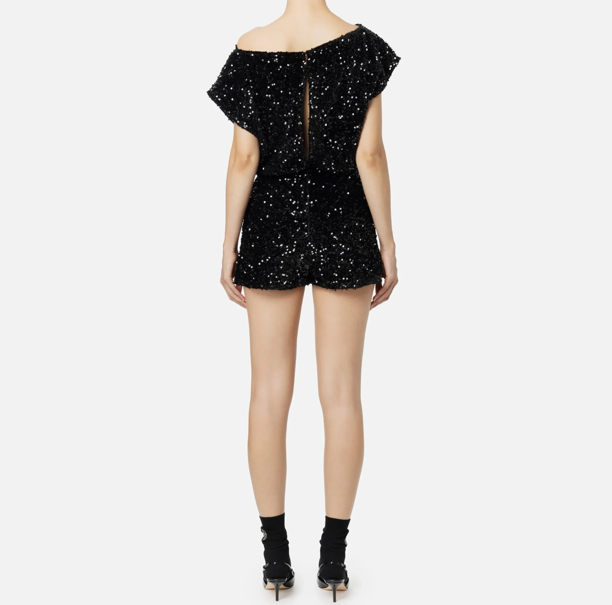 Tute|Elisabetta Franchi Tuta corta in ciniglia ricamata con paillettes Nero