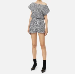 Tute|Elisabetta Franchi Tuta corta in ciniglia ricamata con paillettes Steel