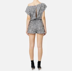 Tute|Elisabetta Franchi Tuta corta in ciniglia ricamata con paillettes Steel