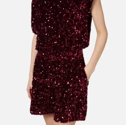 Tute|Elisabetta Franchi Tuta corta in ciniglia ricamata con paillettes RougeNoir