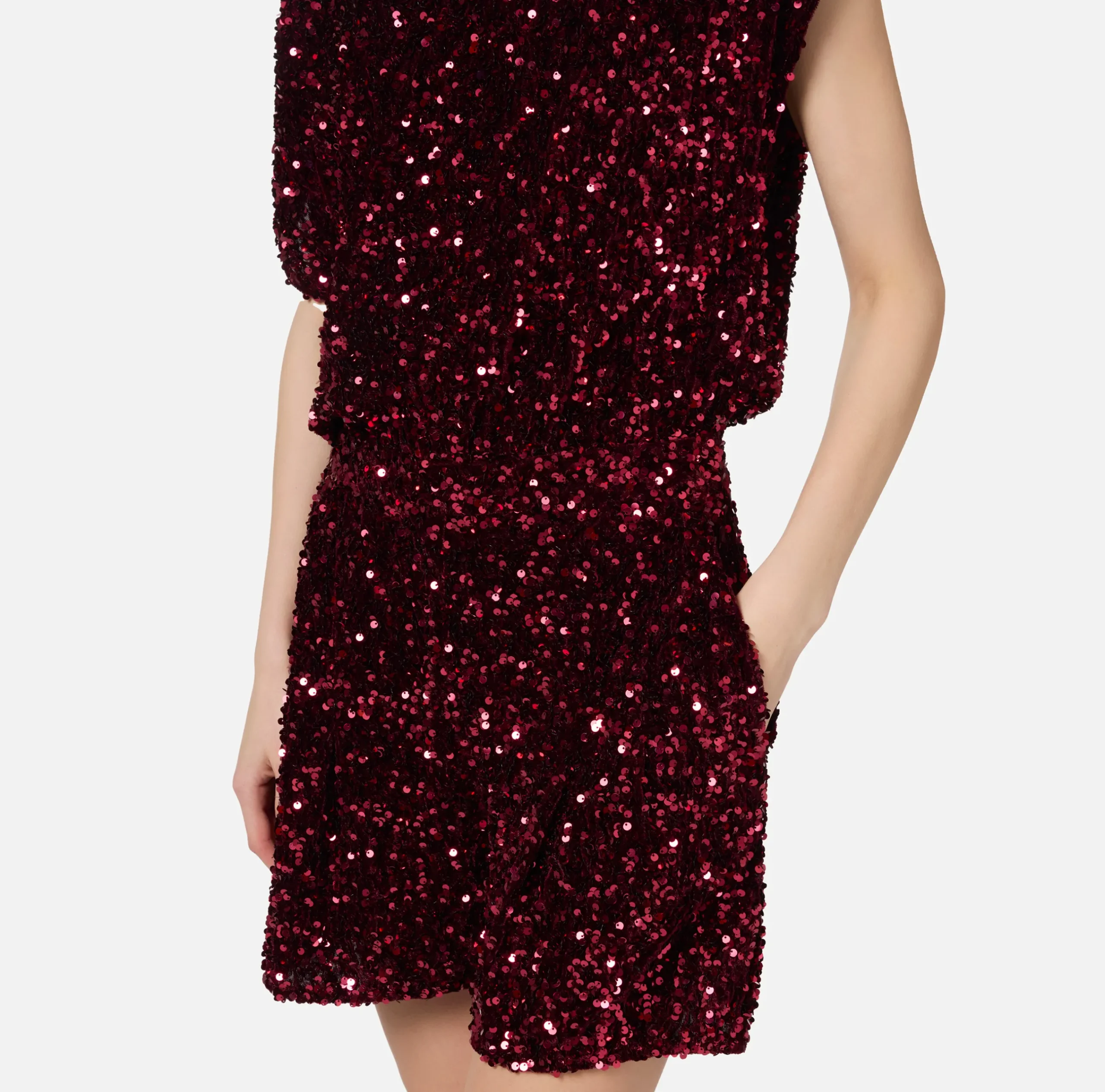 Tute|Elisabetta Franchi Tuta corta in ciniglia ricamata con paillettes RougeNoir