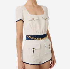 Tute|Elisabetta Franchi Tuta corta in tweed con tasche Burro/Navy