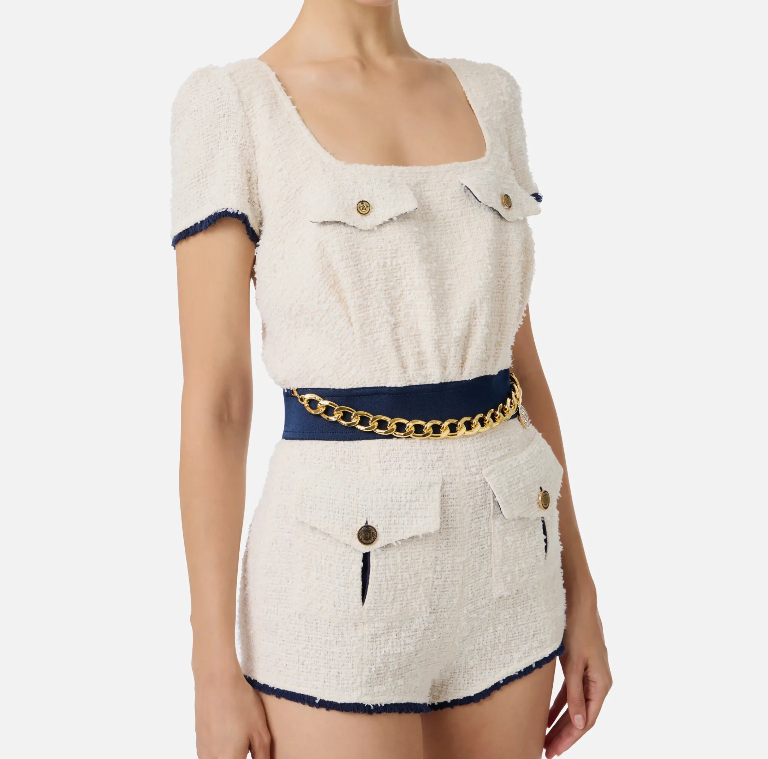 Tute|Elisabetta Franchi Tuta corta in tweed con tasche Burro/Navy
