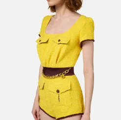 Tute|Elisabetta Franchi Tuta corta in tweed con tasche Mimosa/RougeNoir