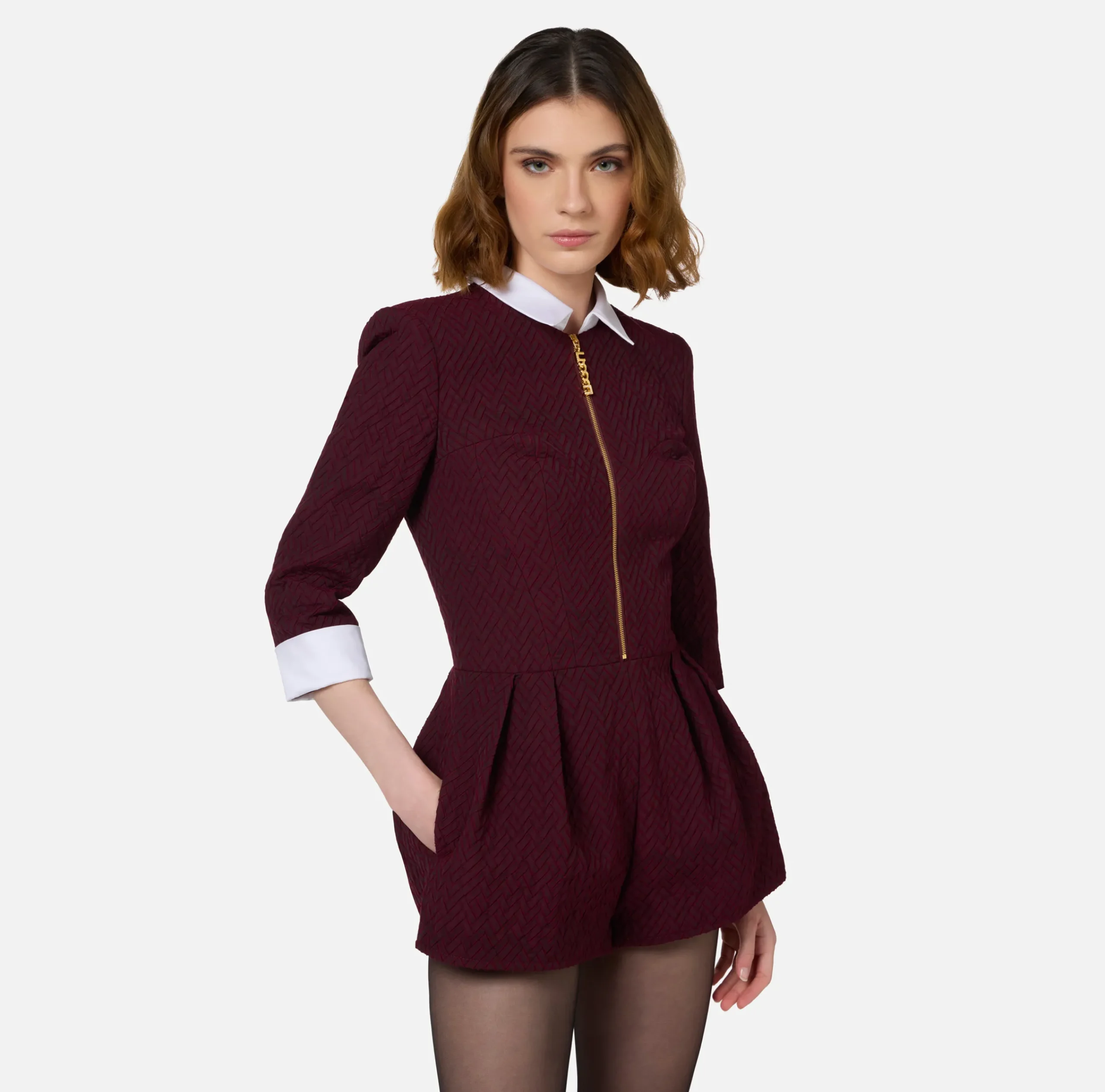 Tute|Elisabetta Franchi Tuta corta in tweed resca con zip Nero