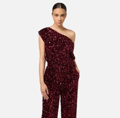 Tute|Elisabetta Franchi Tuta in ciniglia ricamata con pailettes RougeNoir