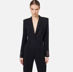 Tute|Elisabetta Franchi Tuta in crêpe con bande e ricamo logo Nero/Burro