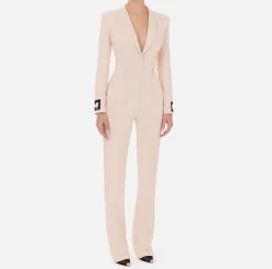 Tute|Elisabetta Franchi Tuta in crêpe con bande e ricamo logo Crema/Nero