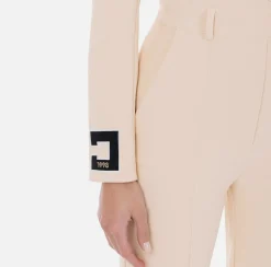 Tute|Elisabetta Franchi Tuta in crêpe con bande e ricamo logo Crema/Nero